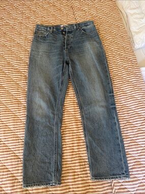 PAIGE Straight-Leg Billy Crop Denim Jeans — Medium Blue Wash